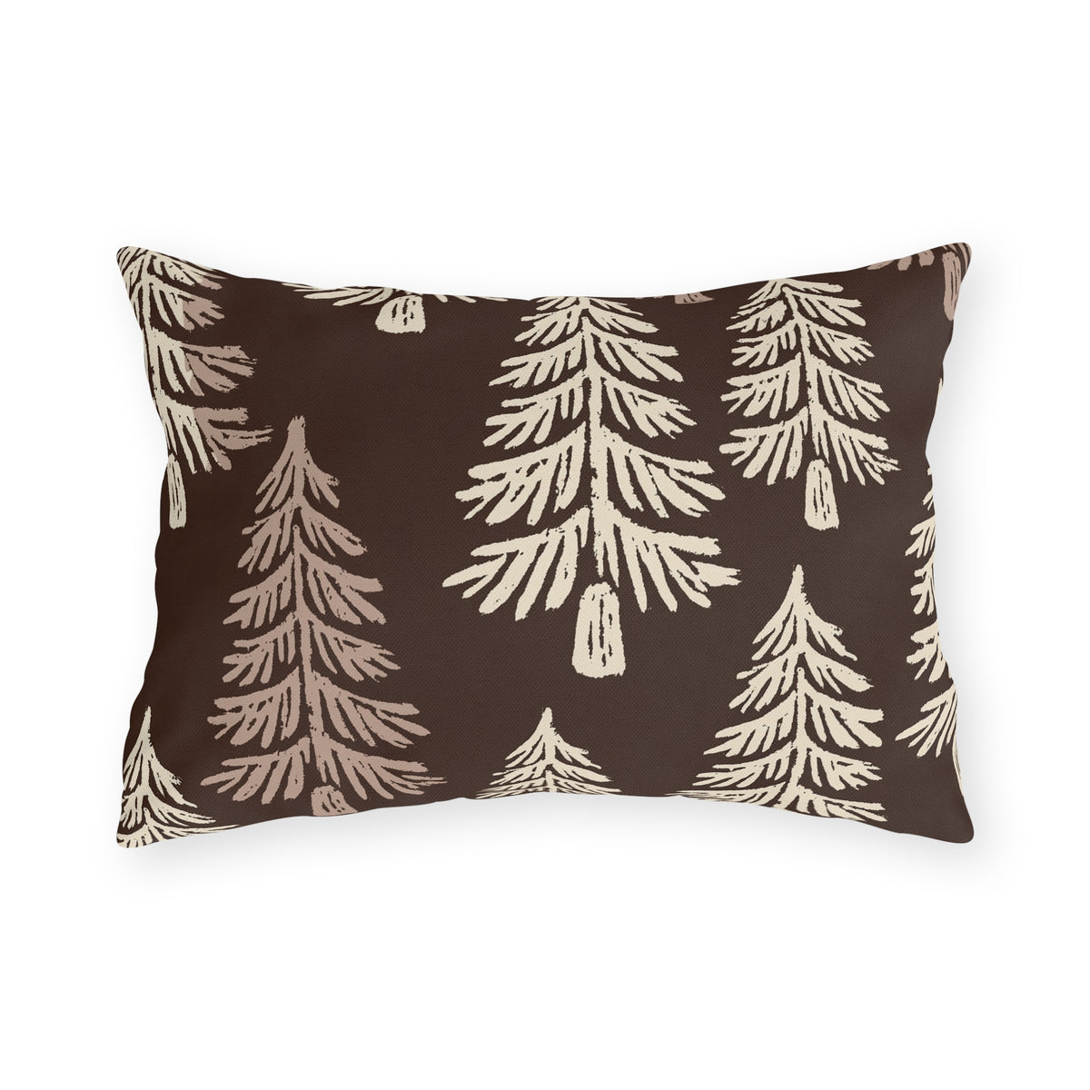 Cream fir trees on a dark chocolate outdoor lumbar pillow