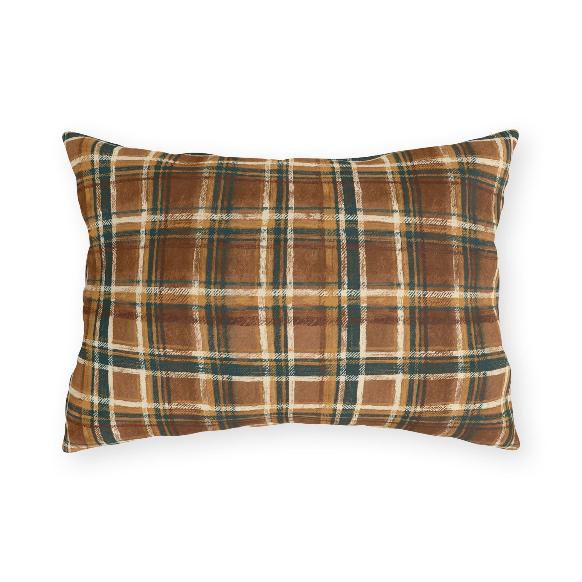 Brown, forest green and cream rustic plaid outdoor lumbar pillow