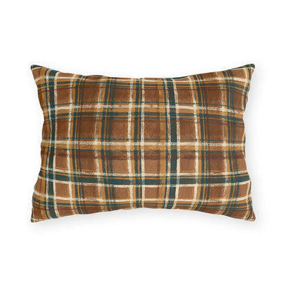 Brown, forest green and cream rustic plaid outdoor lumbar pillow