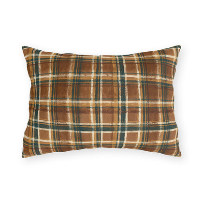 Brown, forest green and cream rustic plaid outdoor lumbar pillow