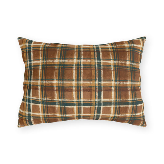 Brown, forest green and cream rustic plaid outdoor lumbar pillow
