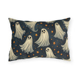Cream ghosts and gold stars on midnight navy outdoor lumbar pillow