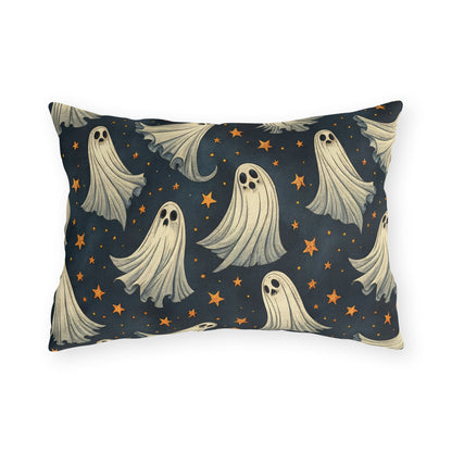 Cream ghosts and gold stars on midnight navy outdoor lumbar pillow