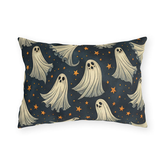 Cream ghosts and gold stars on midnight navy outdoor lumbar pillow