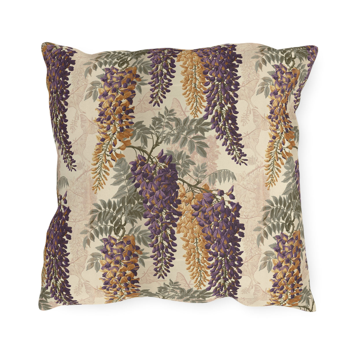 Cascading purple and amber wisteria with sage leaves on a cream outdoor pillow