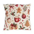 Christmas outdoor pillow with watercolor gingerbread men, candy canes, ornaments, cocoa mug, gifts and holly on cream