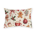Christmas outdoor lumbar pillow with watercolor gingerbread men, candy canes, ornaments, cocoa mug, gifts and holly on cream