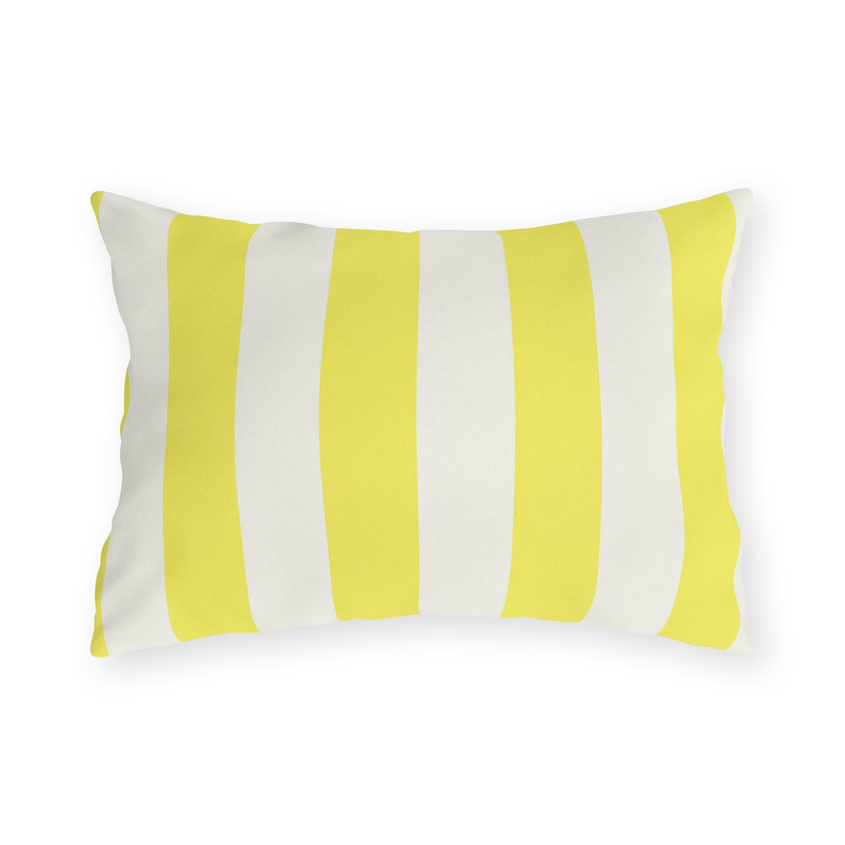 Bright yellow and cream cabana stripes on an outdoor lumbar pillow