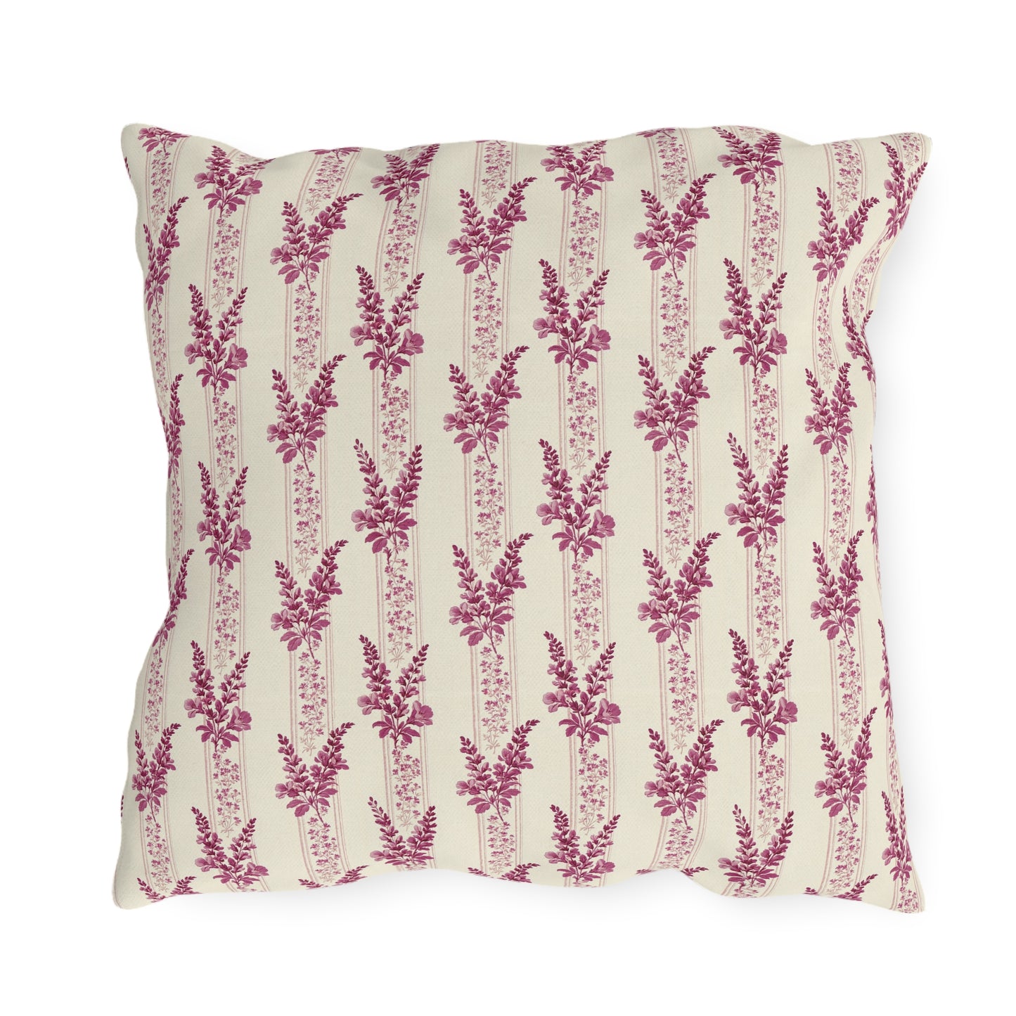 Magenta heather flower spikes on cream stripe outdoor pillow