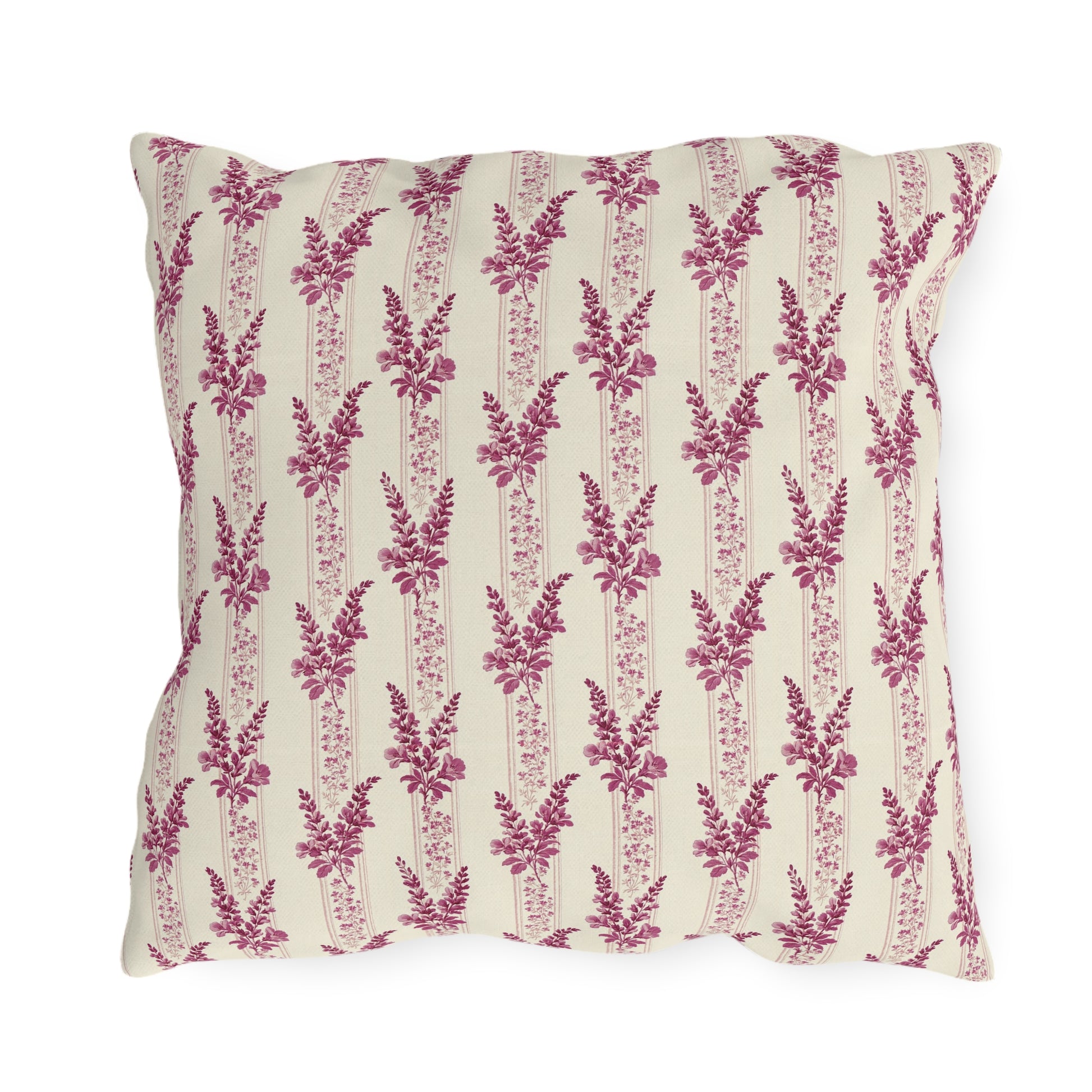 Magenta heather flower spikes on cream stripe outdoor pillow