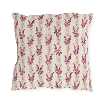 Magenta heather flower spikes on cream stripe outdoor pillow