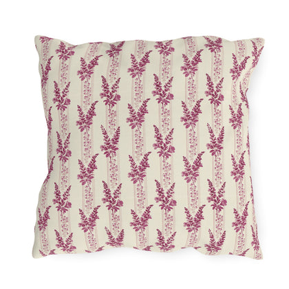Magenta heather flower spikes on cream stripe outdoor pillow