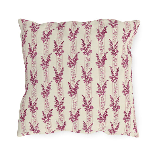 Magenta heather flower spikes on cream stripe outdoor pillow