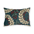Cream laurel branches and red berries on a deep teal outdoor lumbar pillow