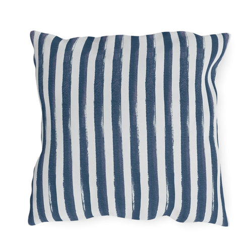 Hand-painted navy and white vertical stripe outdoor pillow