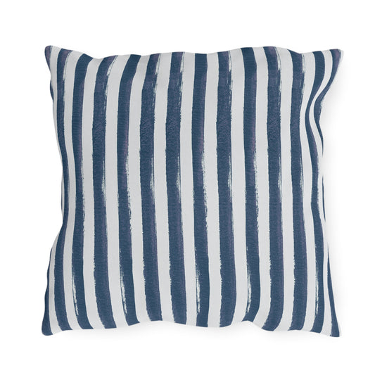 Hand-painted navy and white vertical stripe outdoor pillow