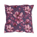 Pink painted magnolias on deep plum purple outdoor pillow