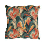 Coral, teal and ochre marbled swirl outdoor pillow