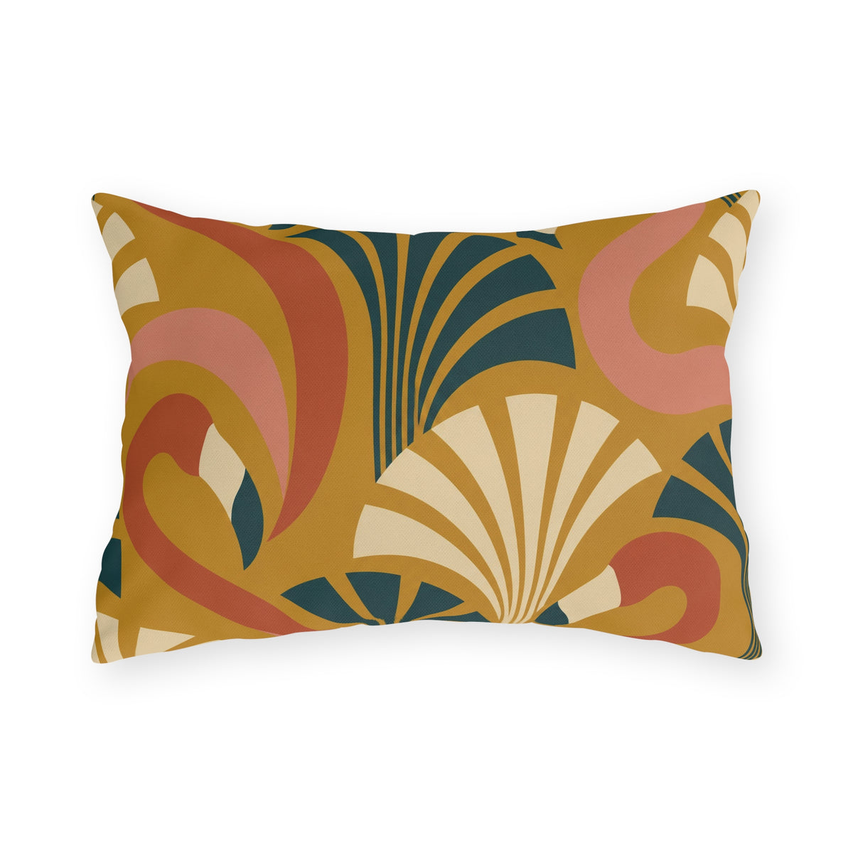 Art deco flamingo outdoor lumbar pillow with coral flamingos and teal fans on mustard