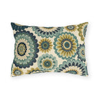 Oversized folk flower outdoor lumbar pillow in teal, navy and ochre on cream