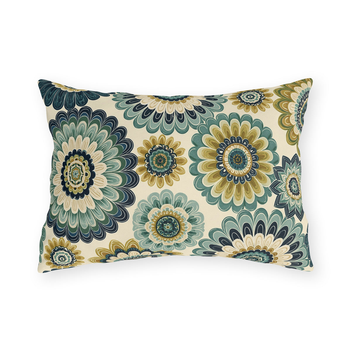 Oversized folk flower outdoor lumbar pillow in teal, navy and ochre on cream