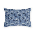 Navy and white poppies and seed heads on blue outdoor lumbar pillow