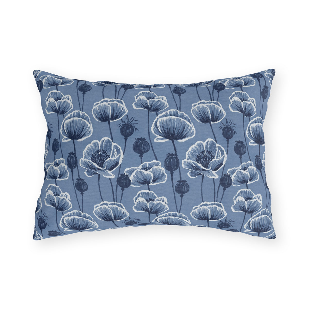 Navy and white poppies and seed heads on blue outdoor lumbar pillow