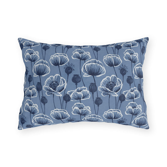 Navy and white poppies and seed heads on blue outdoor lumbar pillow