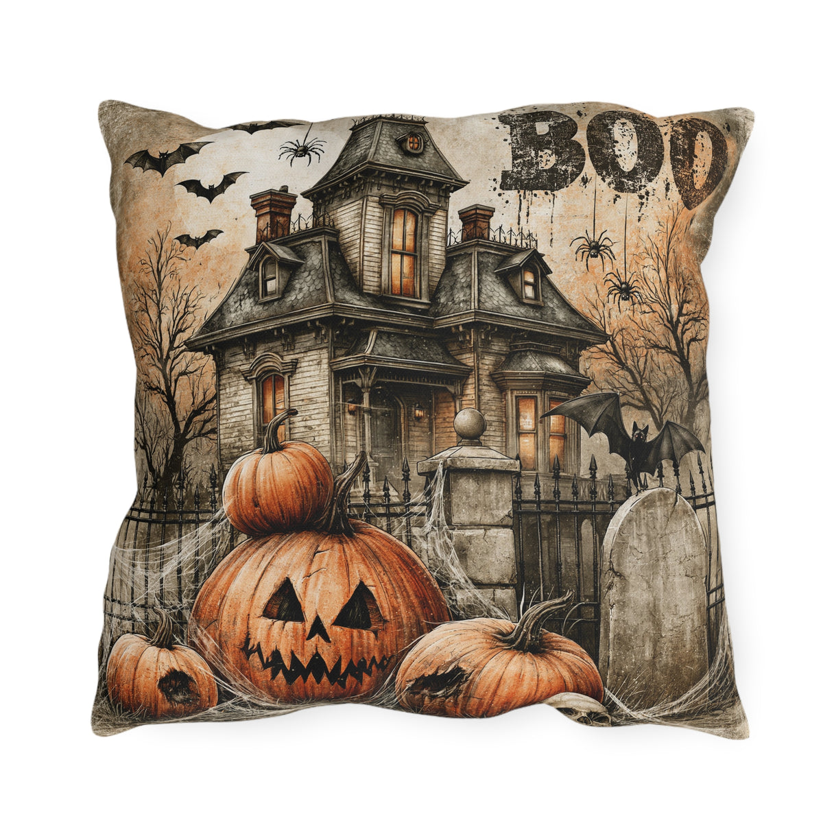 Vintage haunted manor, stacked jack-o'-lanterns and bats in faded orange on an outdoor pillow