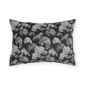 White and grey hydrangeas on black outdoor lumbar pillow
