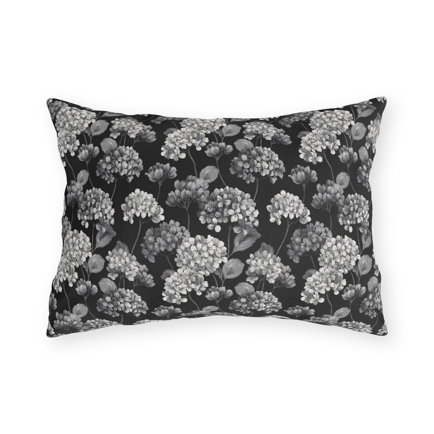 White and grey hydrangeas on black outdoor lumbar pillow