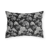 White and grey hydrangeas on black outdoor lumbar pillow