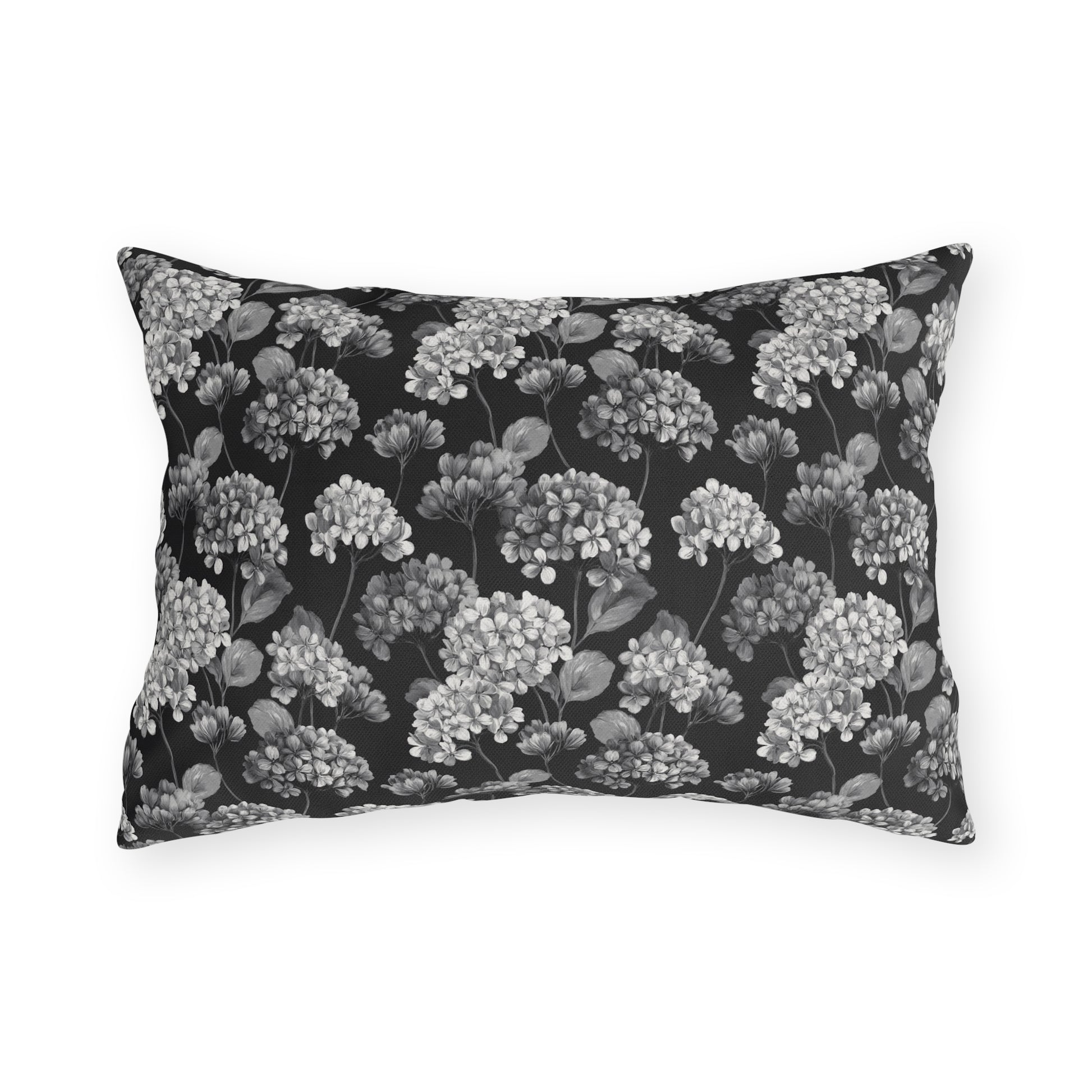 White and grey hydrangeas on black outdoor lumbar pillow