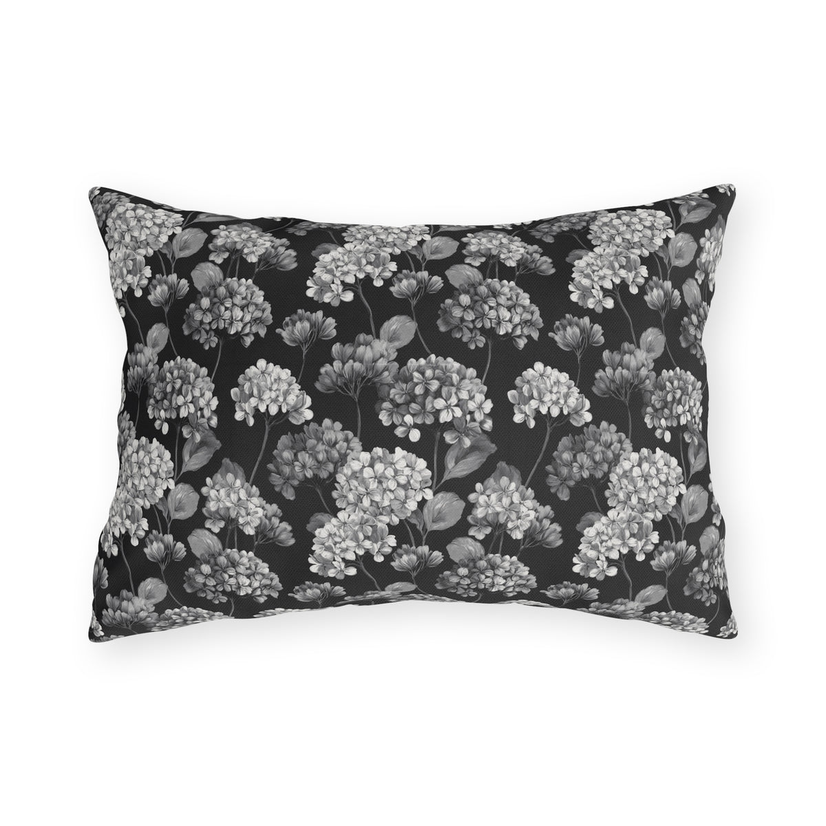 White and grey hydrangeas on black outdoor lumbar pillow