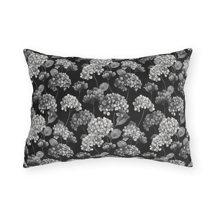 White and grey hydrangeas on black outdoor lumbar pillow