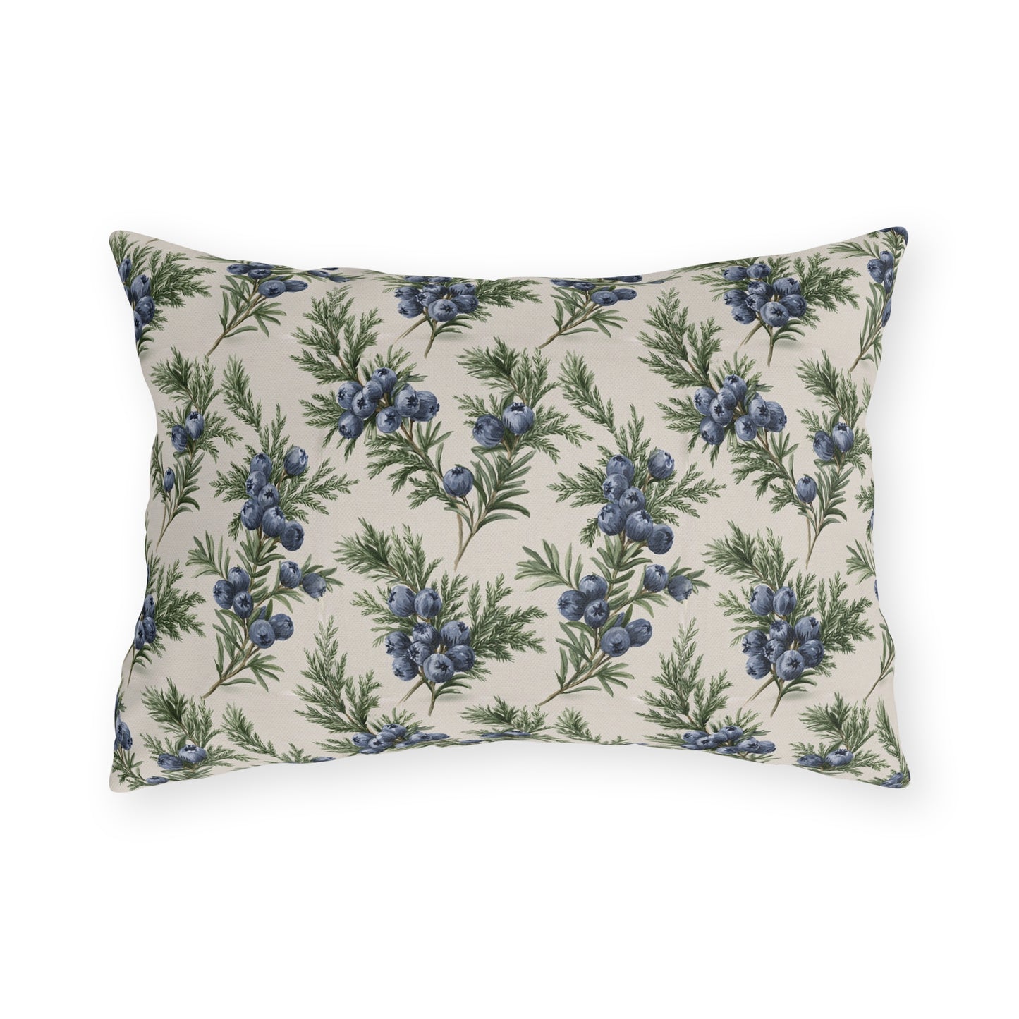 Blue juniper berries and green foliage on cream outdoor lumbar pillow