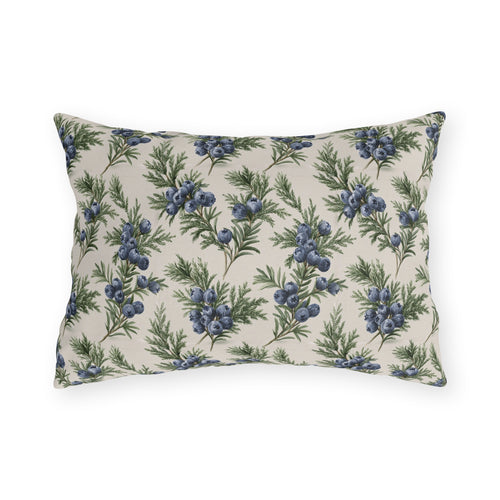 Blue juniper berries and green foliage on cream outdoor lumbar pillow