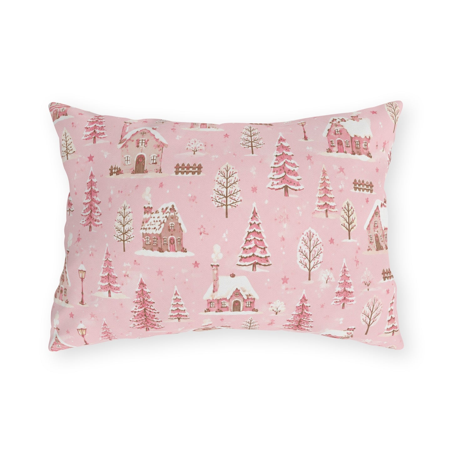 Snow-covered pink cottages and fir trees on pink outdoor lumbar pillow