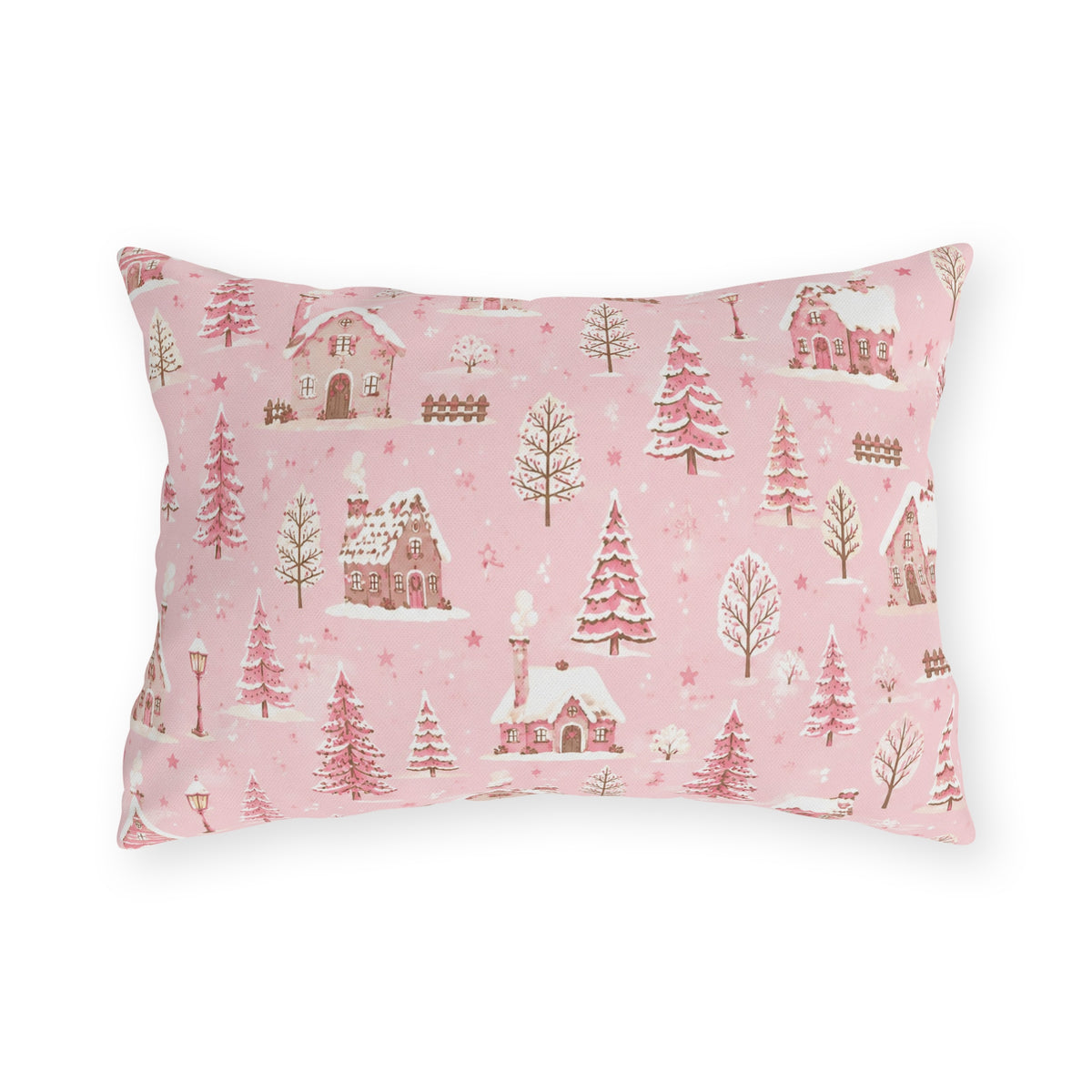 Snow-covered pink cottages and fir trees on pink outdoor lumbar pillow