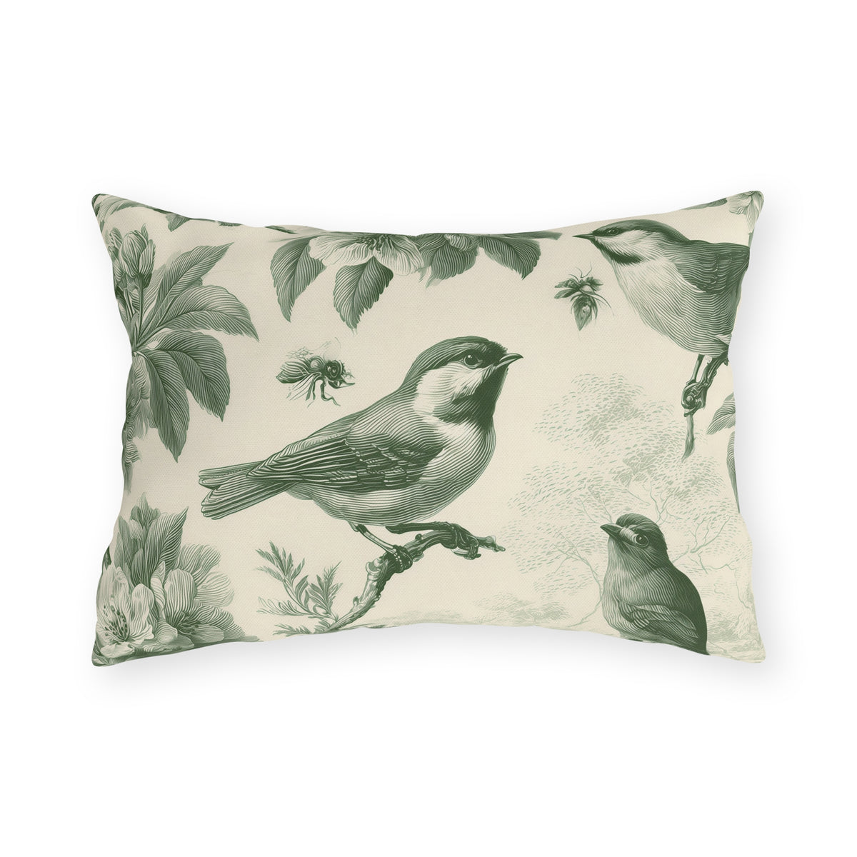 Green outdoor lumbar pillow with engraved toile songbirds, blossoms and bees on cream