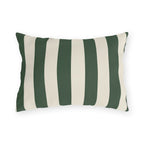 Forest green and cream cabana stripes on an outdoor lumbar pillow