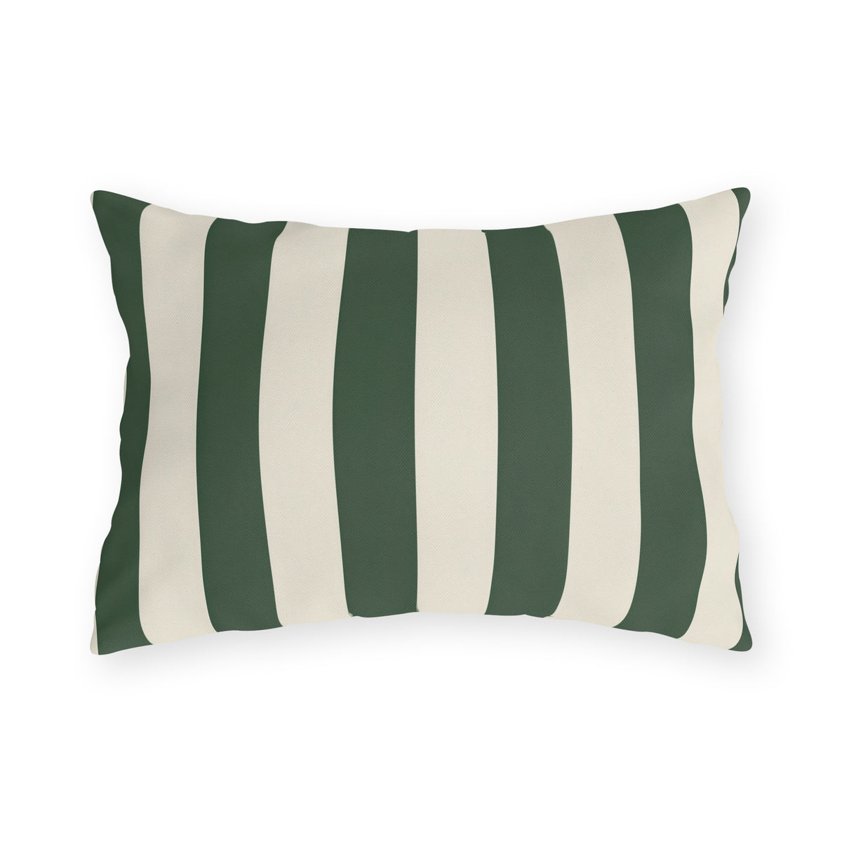 Forest green and cream cabana stripes on an outdoor lumbar pillow