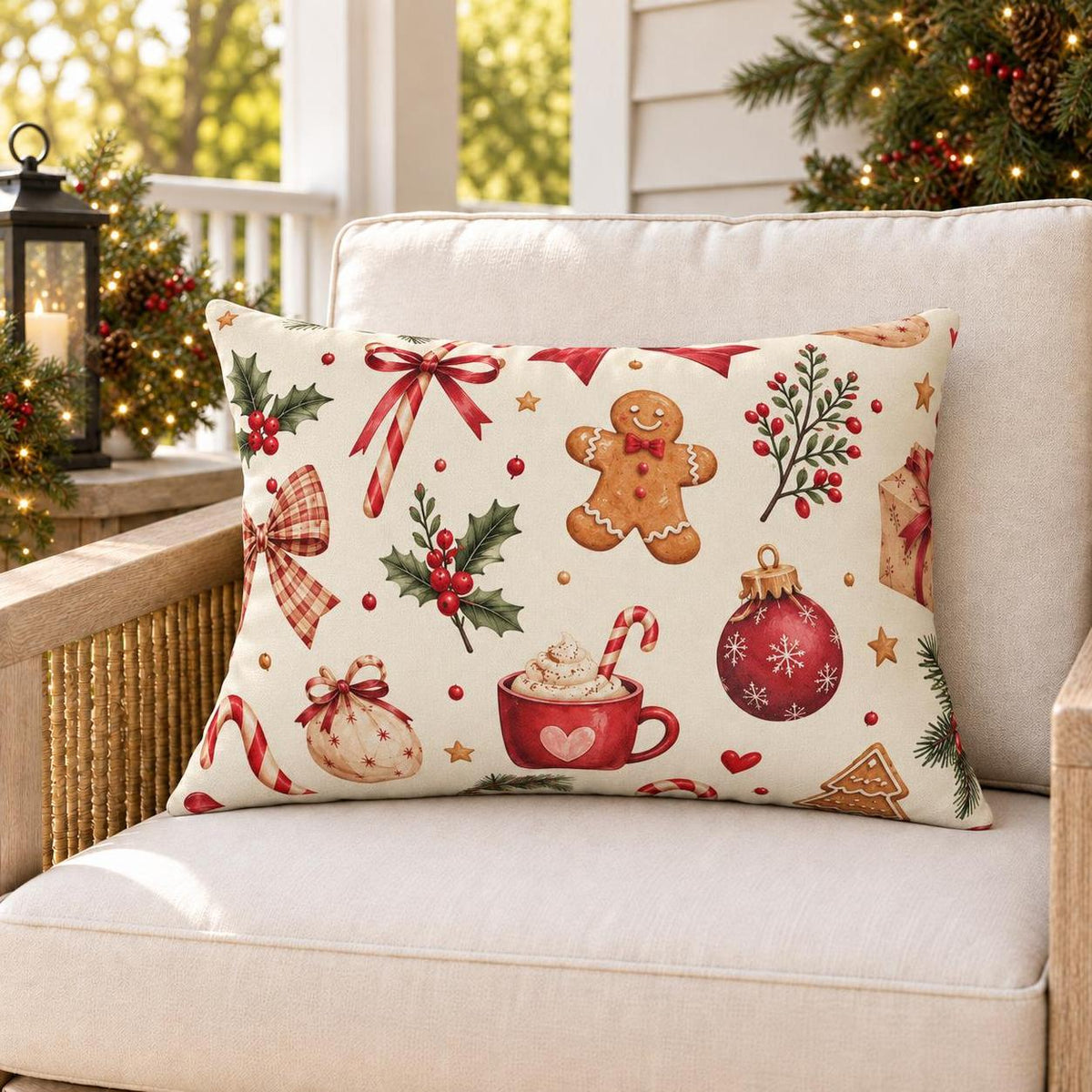 Gingerbread Treat Red Outdoor Lumbar Pillow