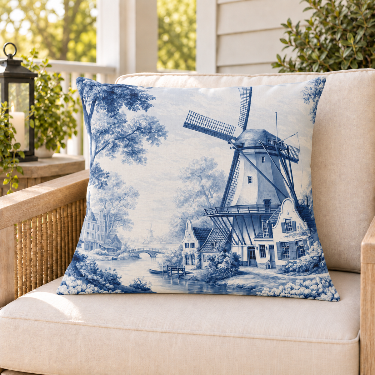 Delft blue windmill outdoor pillow styled on a porch