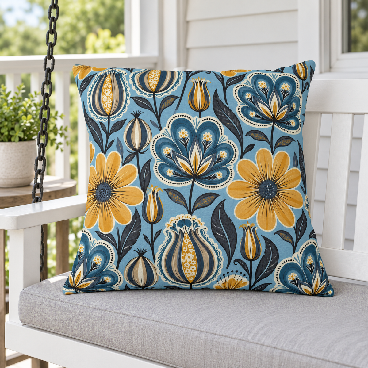 Blue and mustard folk flower outdoor pillow styled on a porch