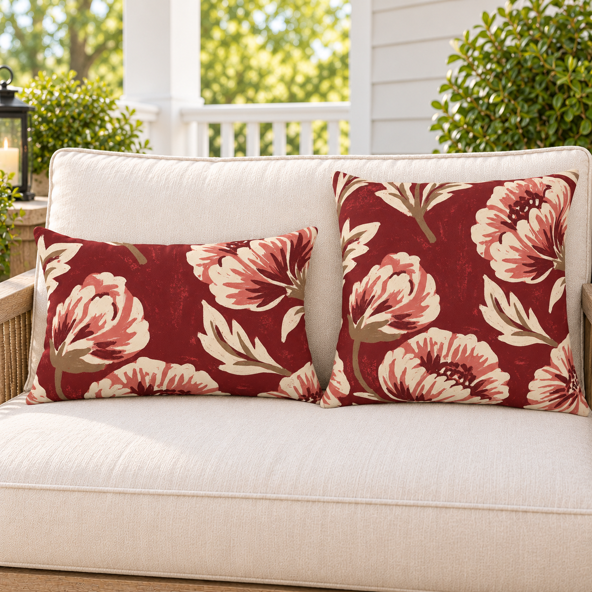 Painted Peony Red Outdoor Pillow