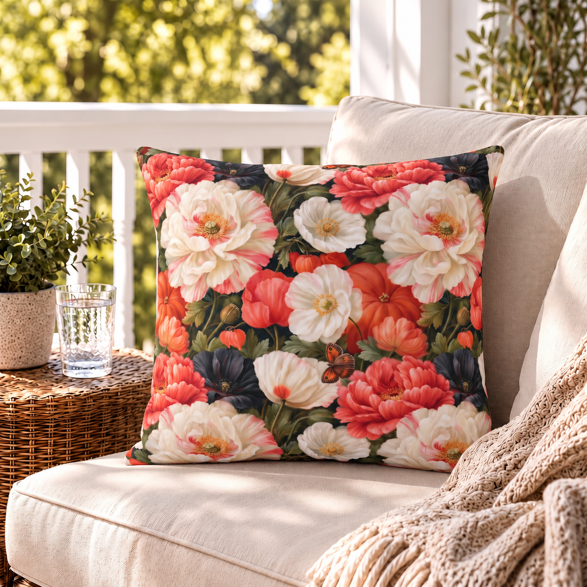 Coral red poppy and peony outdoor pillow styled on a sunny patio