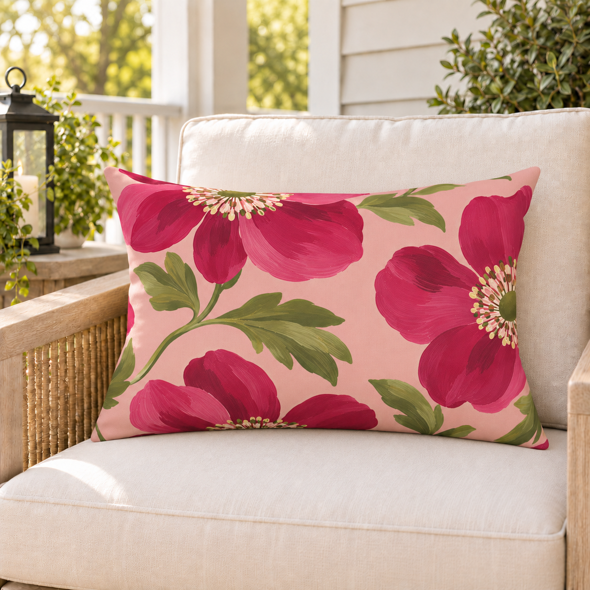 Pink anemone floral outdoor lumbar pillow styled on patio furniture