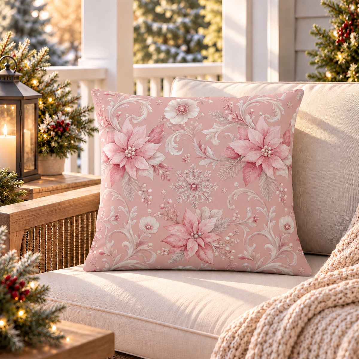 Poinsettia Rose Outdoor Pillow
