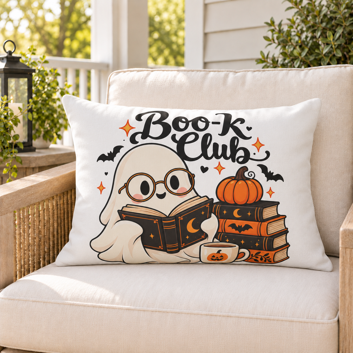 Boo-k Club ghost Halloween outdoor lumbar pillow styled on patio furniture